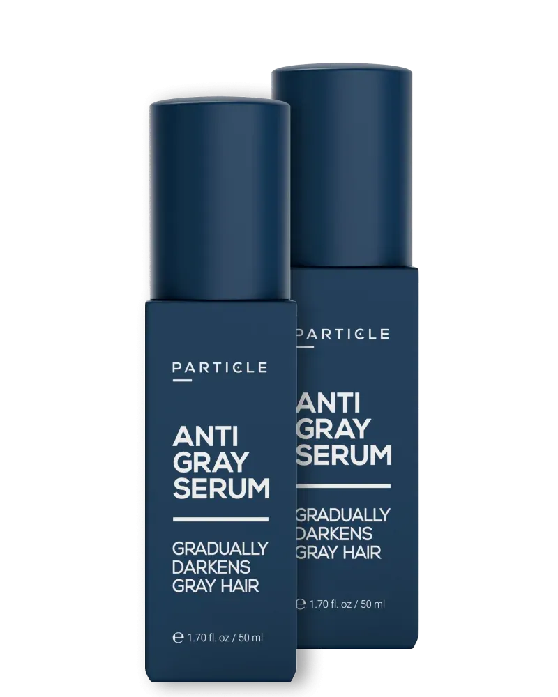 Two bottles of Particle anti-gray hair serum for men