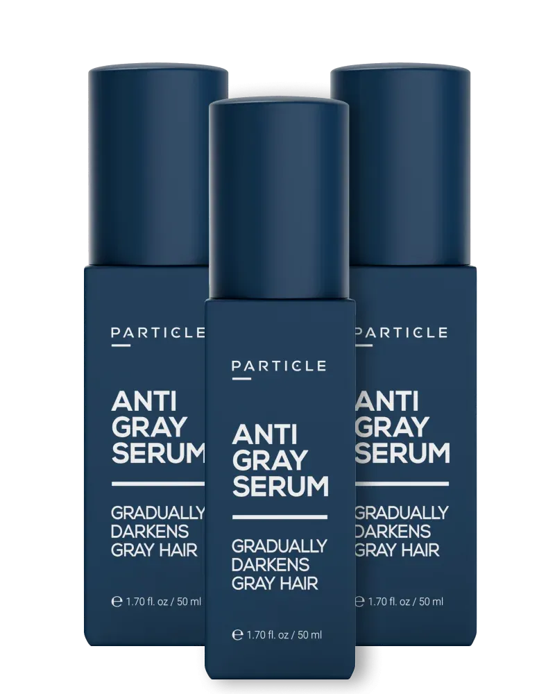 Three bottles of Particle anti-gray hair serum for men