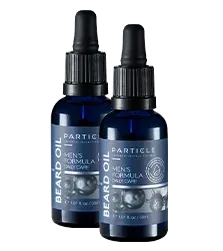 A Men's Formula Daily Care Particle Beard Oil dropper with a black pump top.