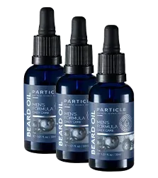 Three small bottles of Particle Beard Oil, Men's Formula Daily Care.
