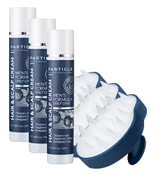 Three bottles of Particle Hair & Scalp Cream with a scalp massager in a promotional arrangement.