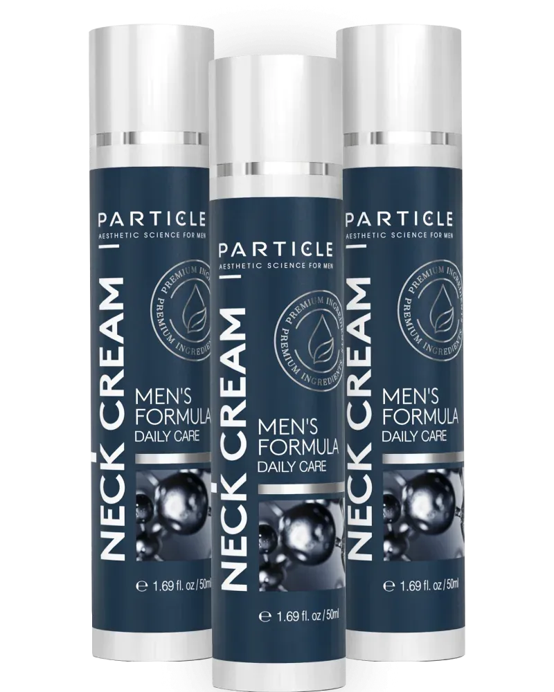 Three bottles of Particle Men’s Formula Daily Care Neck Cream
