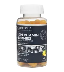 Single bottle of Particle Skin Vitamin Gummies with blue label.