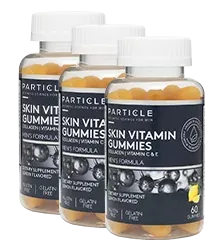 Three bottles of Particle Skin Vitamin Gummies with blue labels arranged in a row.