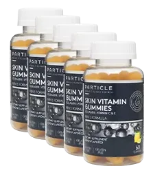 Five bottles of Particle Skin Vitamin Gummies with blue labels arranged in a line.