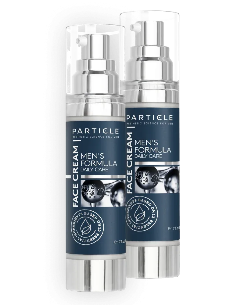Two bottles of Particle for Men face cream.