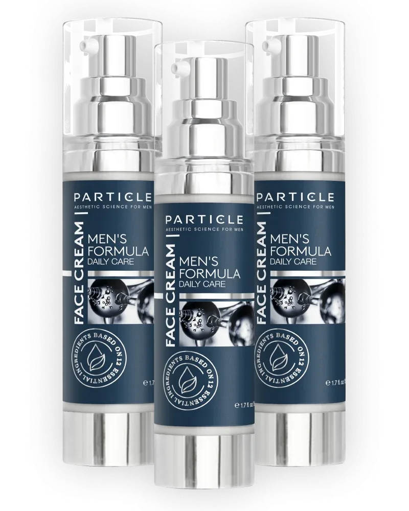 Three bottles of Particle for Men face cream.