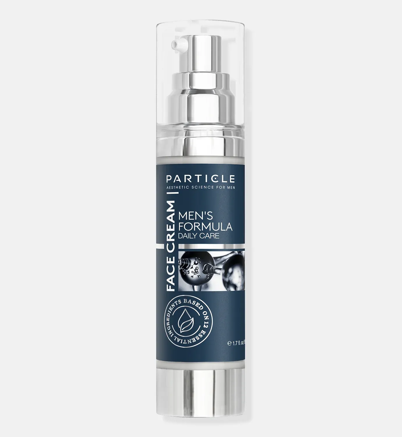 Particle for Men face cream in a silver pump bottle with blue label, front view.